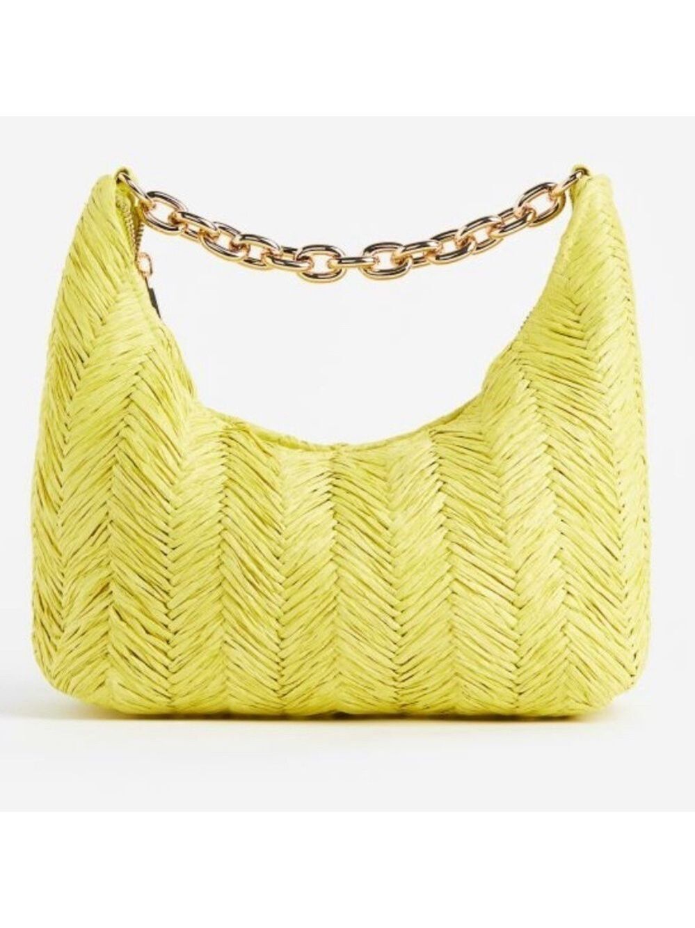 H&M Woven Straw Shoulder Bag with Chunky Gold Chain In Bright Green-Yellow